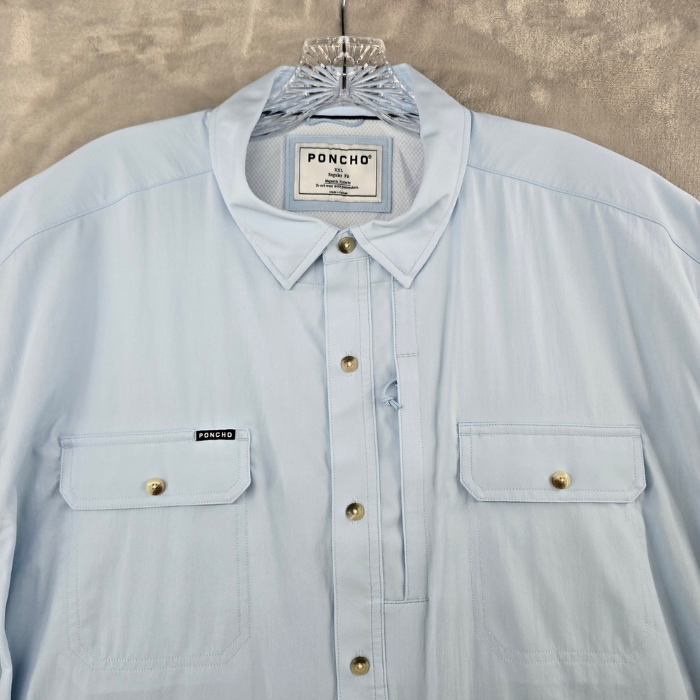 Poncho Outdoors Shirt Mens 2XL Light Blue Short Sleeve Magnetic Pockets Regular